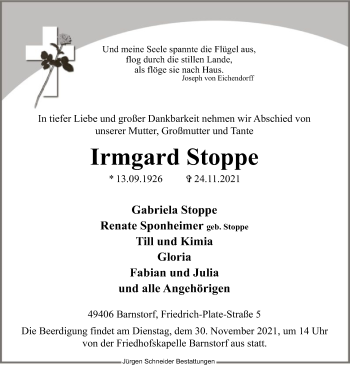 Traueranzeige von Irmgard Stoppe von SYK