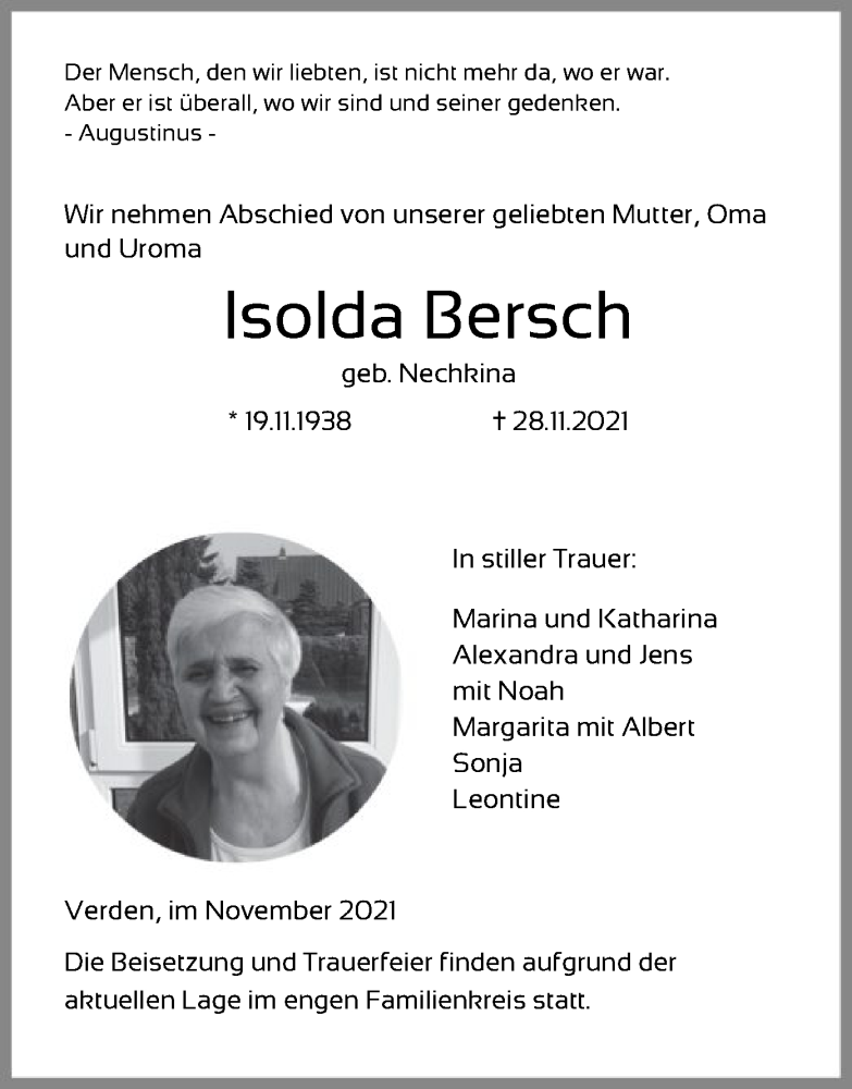  Traueranzeige für Isolda Bersch vom 30.11.2021 aus SYK