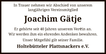 Traueranzeige von Joachim Gätje von SYK