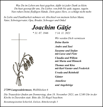 Traueranzeige von Joachim Gätje von SYK