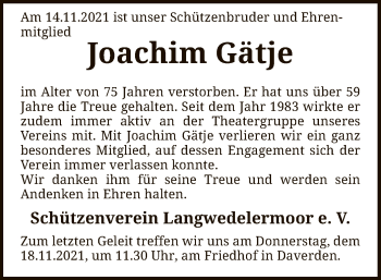 Traueranzeige von Joachim Gätje von SYK