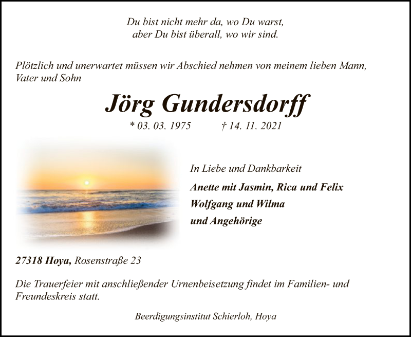  Traueranzeige für Jörg Gundersdorff vom 20.11.2021 aus SYK