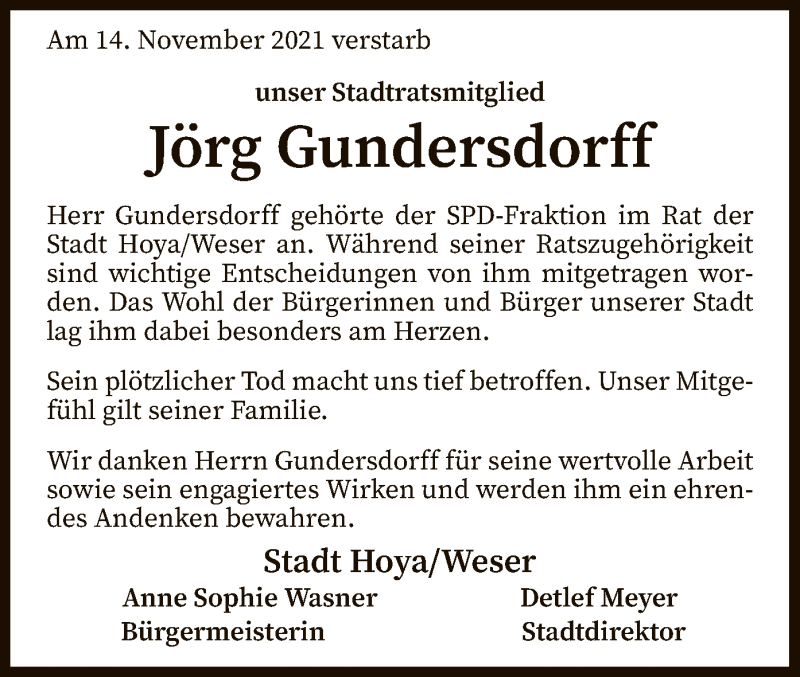  Traueranzeige für Jörg Gundersdorff vom 23.11.2021 aus SYK