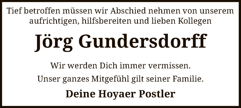  Traueranzeige für Jörg Gundersdorff vom 27.11.2021 aus SYK