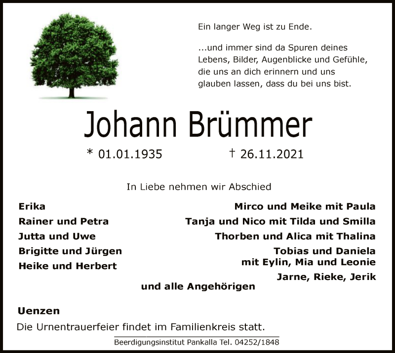  Traueranzeige für Johann Brümmer vom 30.11.2021 aus SYK