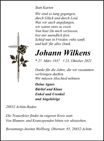 Traueranzeige von Johann Wilkens von SYK