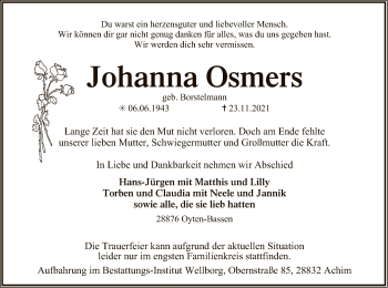 Traueranzeige von Johanna Osmers von SYK