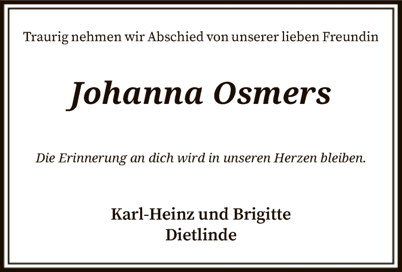  Traueranzeige für Johanna Osmers vom 27.11.2021 aus SYK