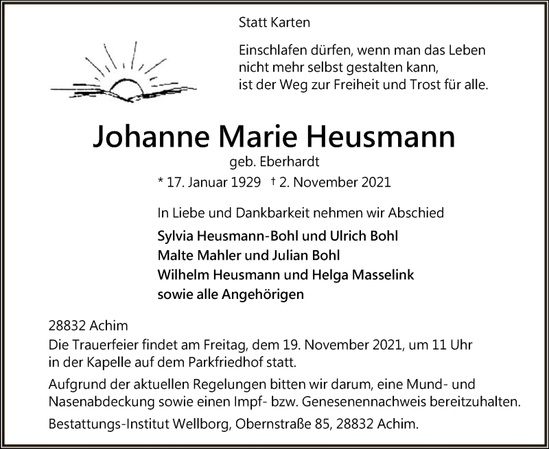  Traueranzeige für Johanne Marie Heusmann vom 13.11.2021 aus SYK