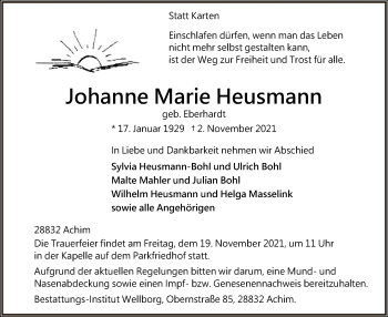 Traueranzeige von Johanne Marie Heusmann von SYK