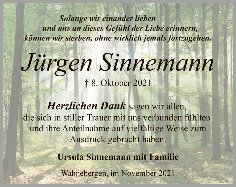  Traueranzeige für Jürgen Sinnemann vom 13.11.2021 aus SYK