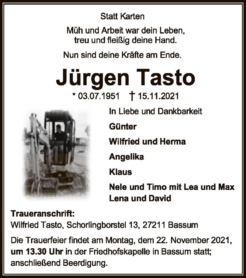  Traueranzeige für Jürgen Tasto vom 18.11.2021 aus SYK