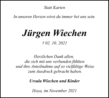 Traueranzeige von Jürgen Wiechen von SYK