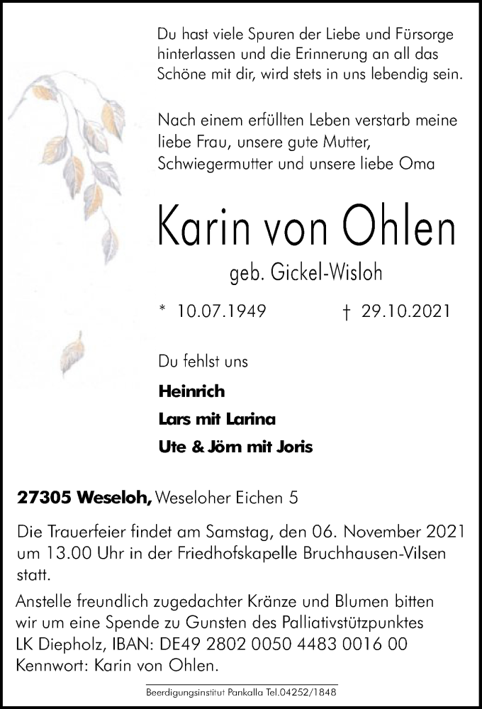  Traueranzeige für Karin von Ohlen vom 02.11.2021 aus SYK
