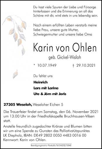 Traueranzeige von Karin von Ohlen von SYK