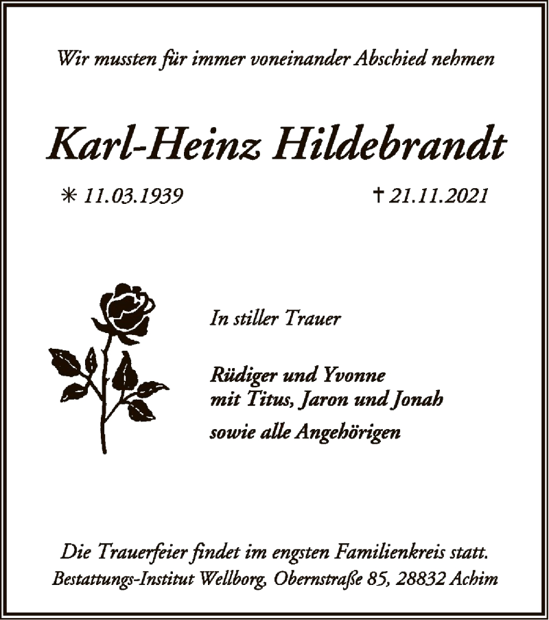  Traueranzeige für Karl-Heinz Hildebrandt vom 27.11.2021 aus SYK