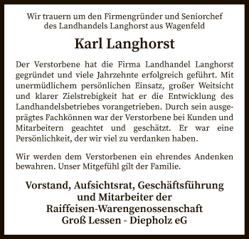 Traueranzeige von Karl Langhorst von SYK