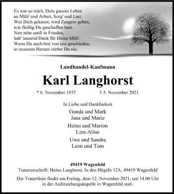 Traueranzeige von Karl Langhorst von SYK