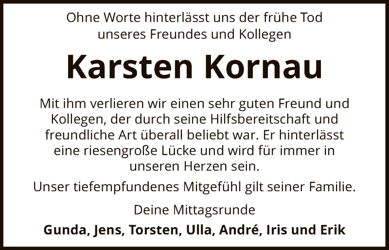  Traueranzeige für Karsten Kornau vom 27.11.2021 aus SYK