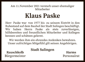 Traueranzeige von Klaus Paske von SYK