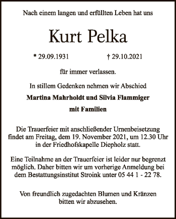 Traueranzeige von Kurt Pelka von SYK