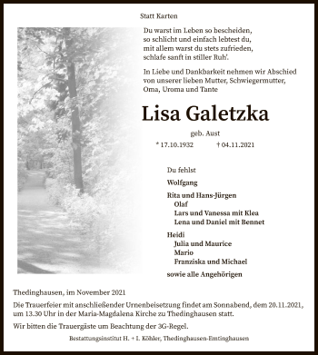 Traueranzeige von Lisa Galetzka von SYK