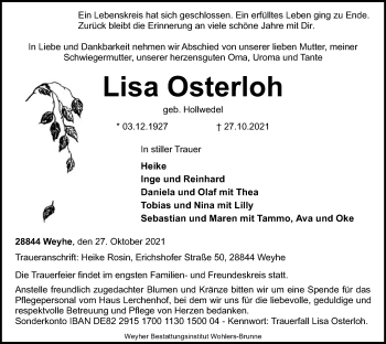 Traueranzeige von Lisa Osterloh von SYK