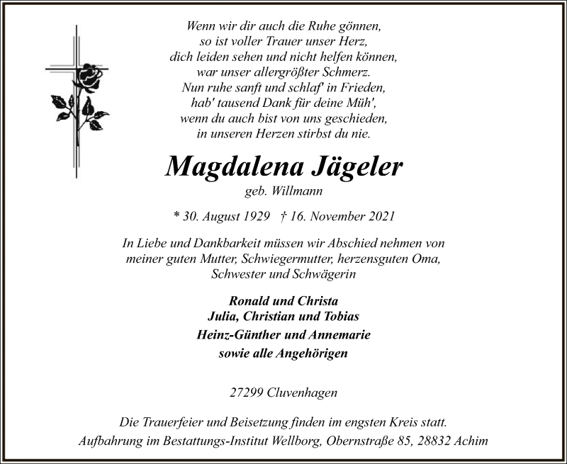  Traueranzeige für Magdalena Jägeler vom 20.11.2021 aus SYK