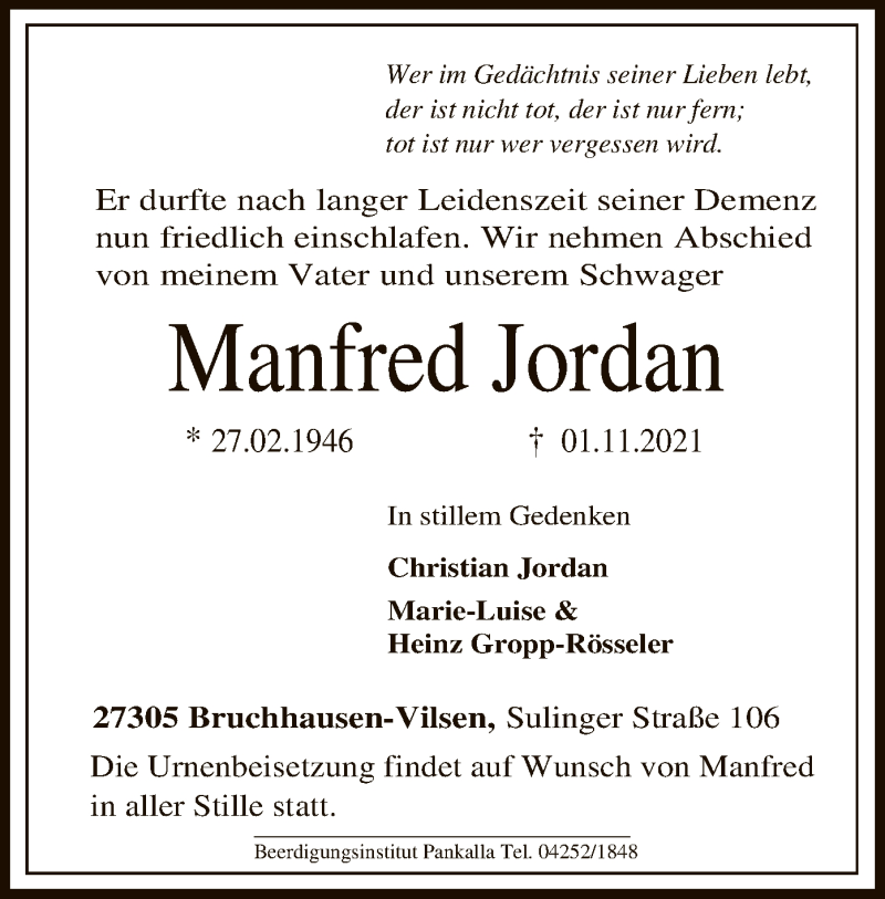  Traueranzeige für Manfred Jordan vom 05.11.2021 aus SYK
