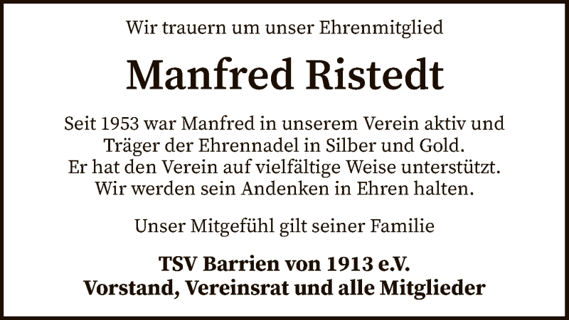  Traueranzeige für Manfred Ristedt vom 20.11.2021 aus SYK