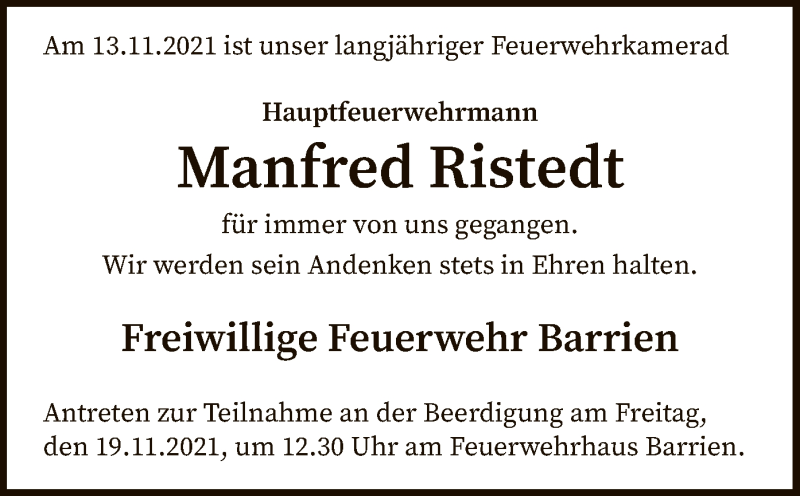  Traueranzeige für Manfred Ristedt vom 17.11.2021 aus SYK