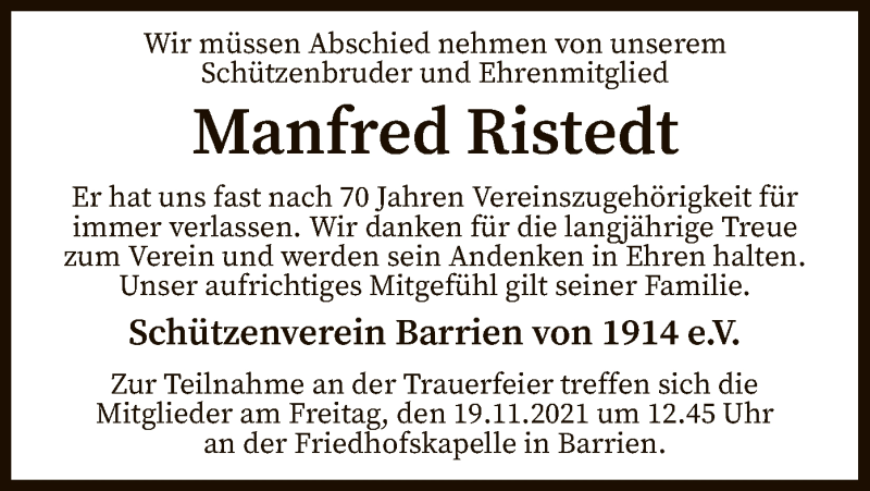  Traueranzeige für Manfred Ristedt vom 17.11.2021 aus SYK