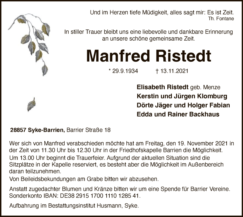  Traueranzeige für Manfred Ristedt vom 16.11.2021 aus SYK