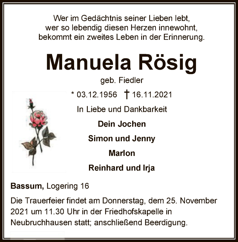  Traueranzeige für Manuela Rösig vom 20.11.2021 aus SYK