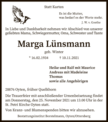 Traueranzeige von Marga Lünsmann von SYK