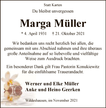 Traueranzeige von Marga Müller von SYK