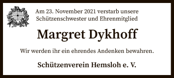 Traueranzeige von Margret Dykhoff von SYK