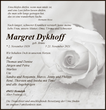 Traueranzeige von Margret Dykhoff von SYK