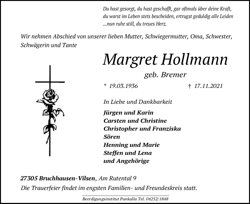  Traueranzeige für Margret Hollmann vom 20.11.2021 aus SYK