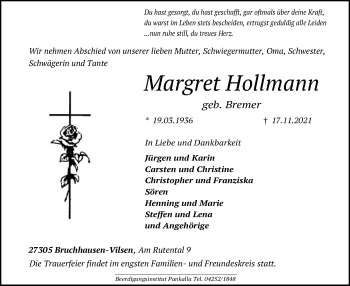 Traueranzeige von Margret Hollmann von SYK