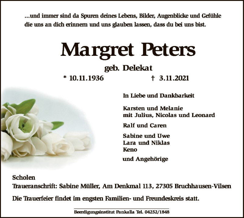  Traueranzeige für Margret Peters vom 09.11.2021 aus SYK