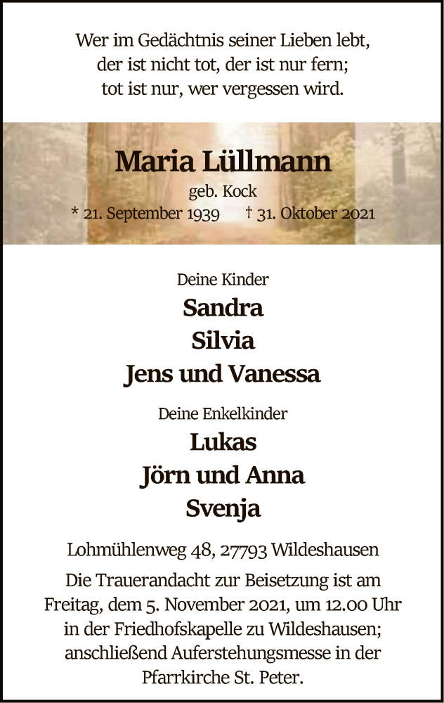  Traueranzeige für Maria Lüllmann vom 03.11.2021 aus SYK