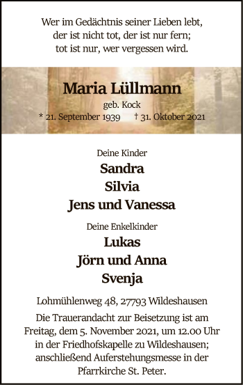 Traueranzeige von Maria Lüllmann von SYK