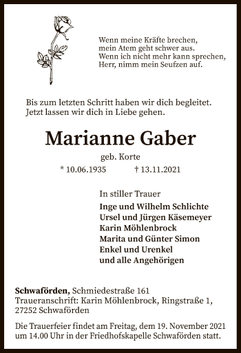 Traueranzeige von Marianne Gaber von SYK