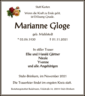 Traueranzeige von Marianne Gloge von SYK