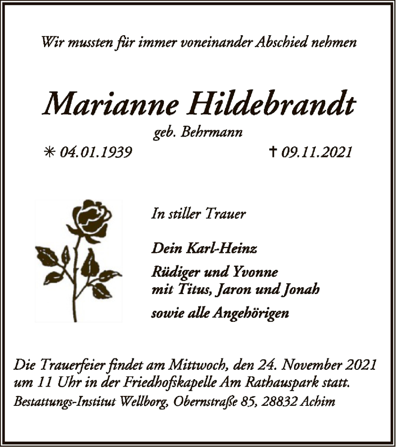  Traueranzeige für Marianne Hildebrandt vom 20.11.2021 aus SYK