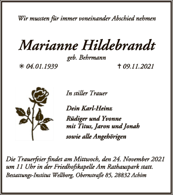 Traueranzeige von Marianne Hildebrandt von SYK