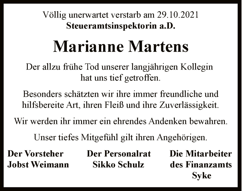  Traueranzeige für Marianne Martens vom 10.11.2021 aus SYK