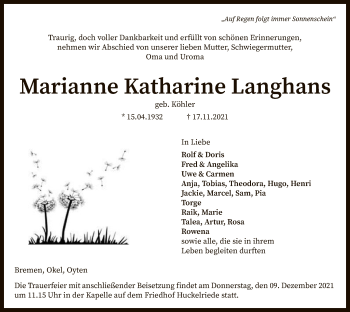 Traueranzeige von Marianne Katharine Langhans von SYK