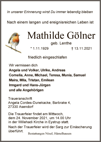 Traueranzeige von Mathilde Gölner von SYK